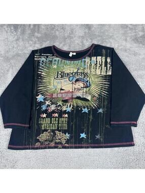 Cowgirl Woman Graphic Tee Womens 1X Black Bluegrass Round Up Studded 3/4 Sleeve